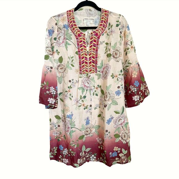 JOHNNY WAS NWT Floral Flare Slv Tunic Blouse Shift Dress Ramie Sz S Embroidered - Picture 2 of 7